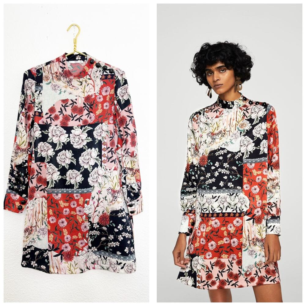 Mango Floral Patchwork High Neck Mini Dress Size 4 Long Sleeve Tiger Boho